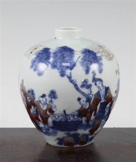 A Chinese underglaze blue and copper red small ovoid vase, Kangxi six character mark, early 20th century, 12cm